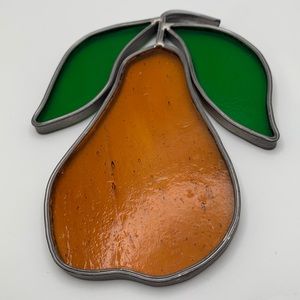 VTG stained glass Ripe Pear Sun catcher with green leaves.